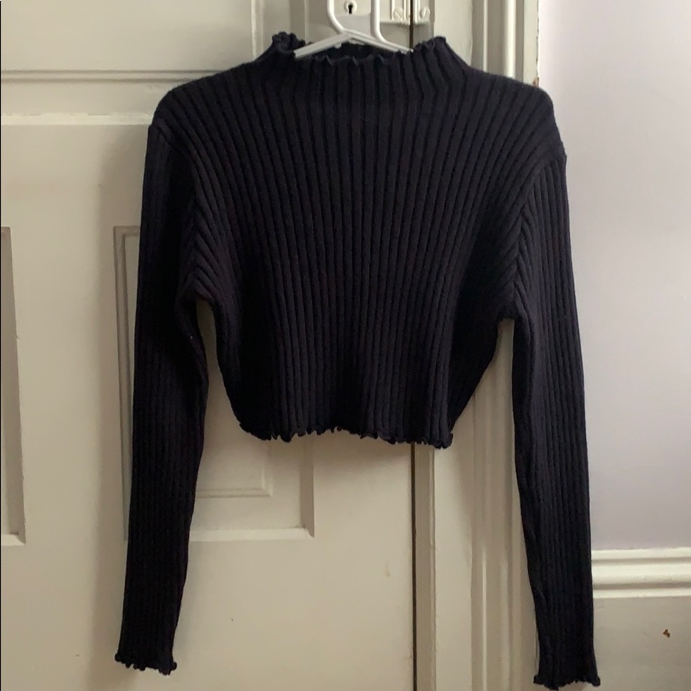 Navy blue ribbed mock neck top